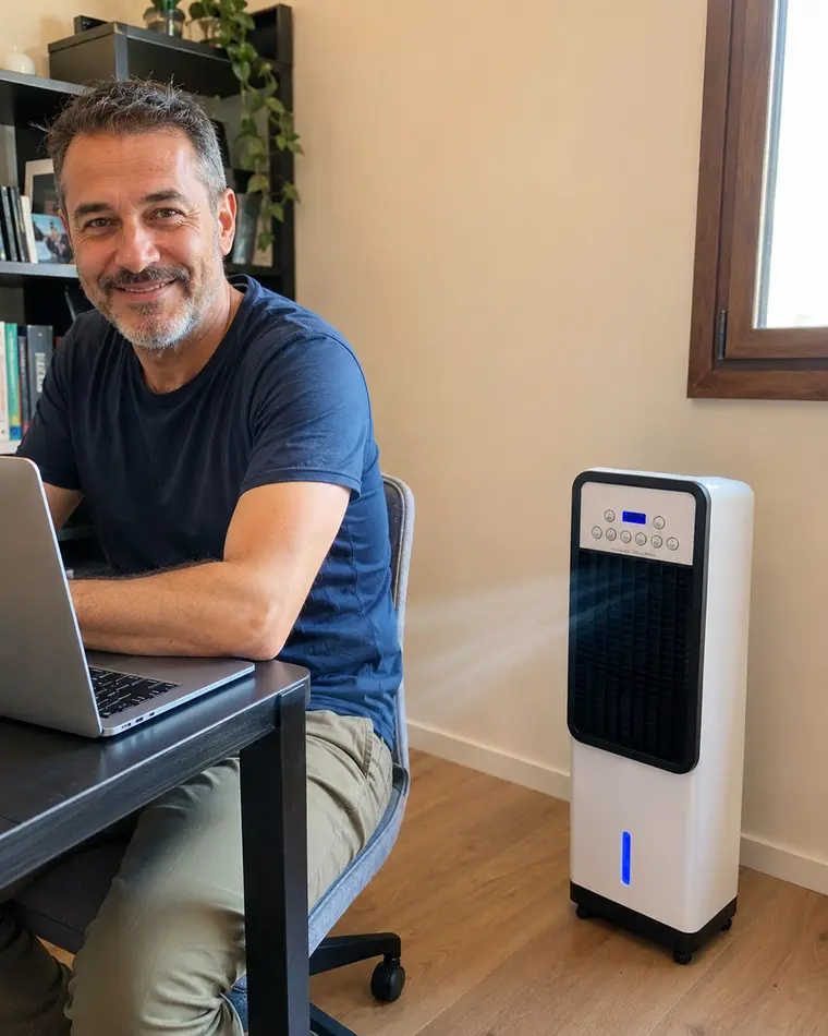 Marco T. lavora al laptop con il condizionatore portatile a colonna nello studio