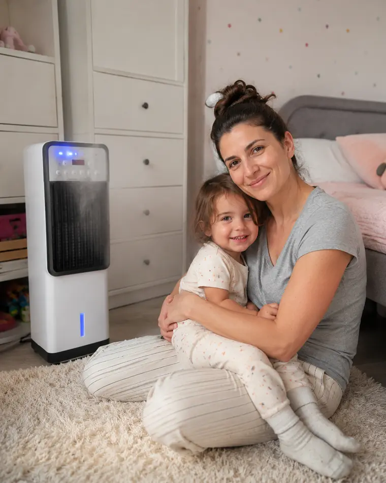 Mamma abbraccia il bimbo che dorme sereno accanto al condizionatore portatile