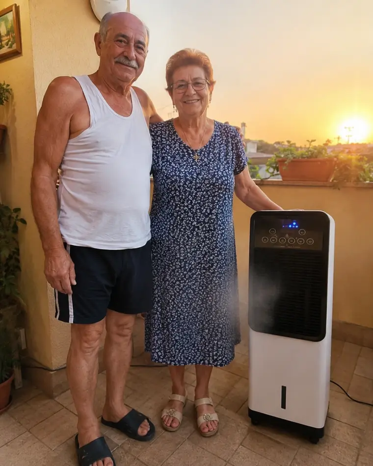 Coppia di anziani si gode il fresco in terrazzo con il condizionatore portatile