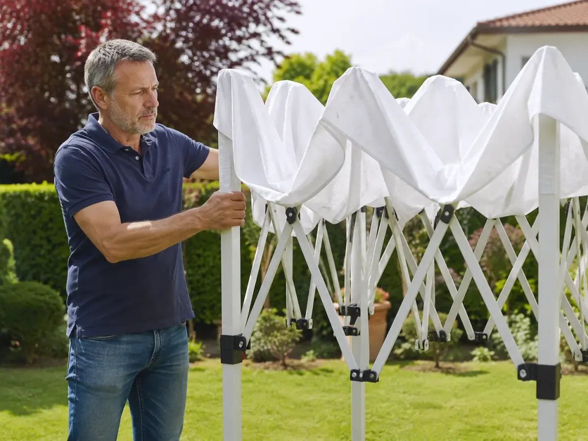 Gazebo pop-up con meccanismo a forbice: si apre in 60 secondi da una persona