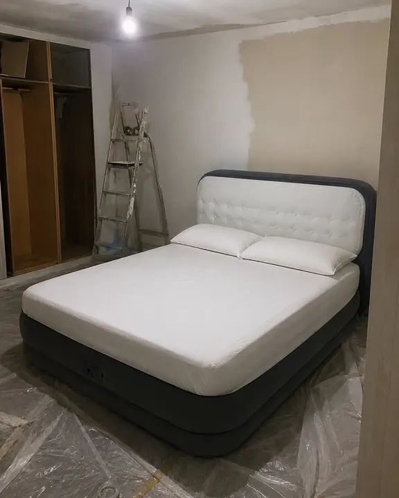 Materasso gonfiabile in camera in ristrutturazione con scala e teli