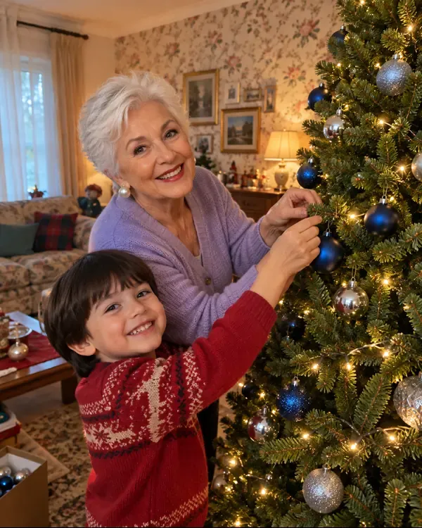 Ilona che aiuta il nipote ad appendere una pallina all'albero di Natale
