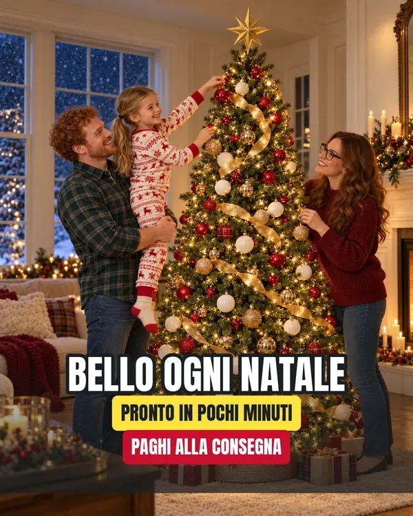 Famiglia che decora l'albero di Natale artificiale in salotto la sera