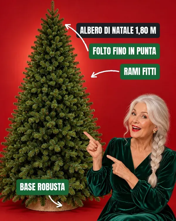 Albero di Natale artificiale 1,80 m con rami fitti fino in punta e base robusta