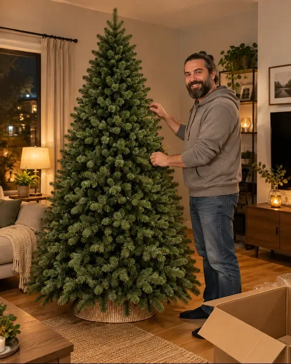 Tomáš in piedi accanto all'albero di Natale appena montato