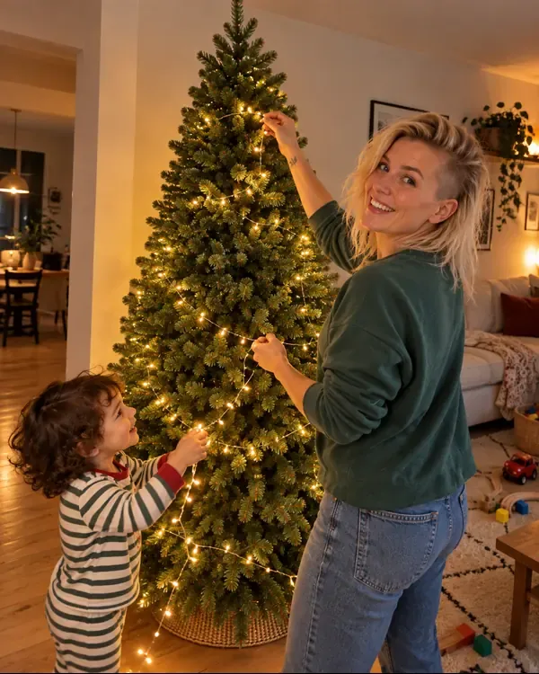 Mojca che avvolge le lucine intorno all'albero con il figlio piccolo