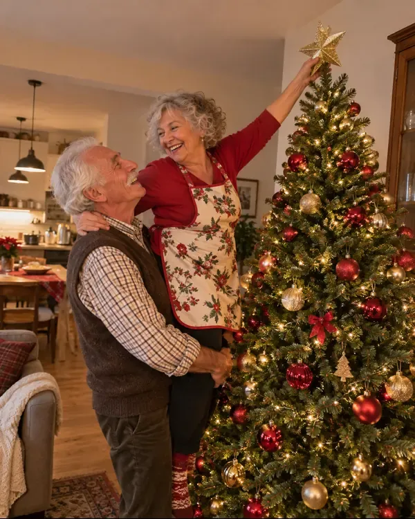Zuzana e il marito che mettono la stella in cima all'albero di Natale