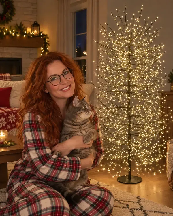 Sara con il suo gatto in braccio vicino all'albero luminoso acceso