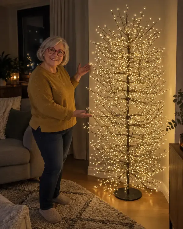 Lorena accanto all'albero luminoso acceso nel suo salotto, la sera