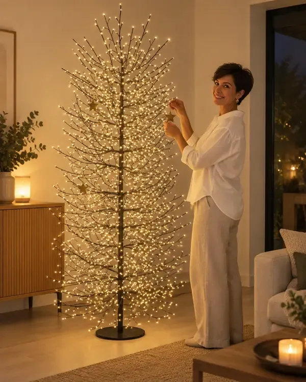 Paola che appende una stella dorata ai rami dell'albero luminoso
