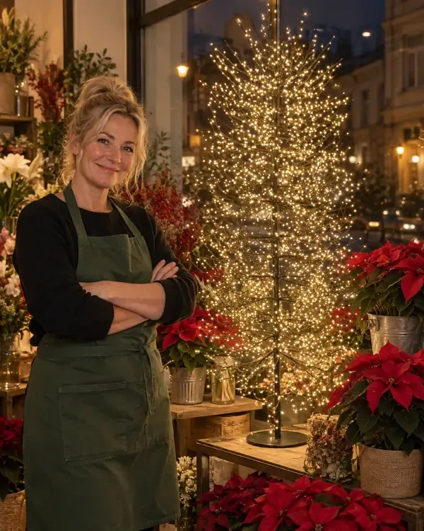 Elena nel suo negozio di fiori con l'albero luminoso in vetrina