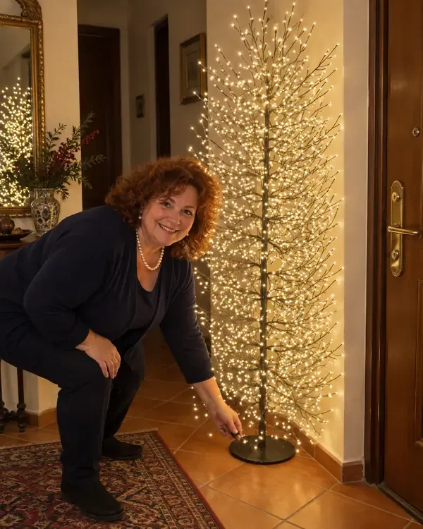 Rosaria accanto all'albero luminoso acceso nell'ingresso di casa