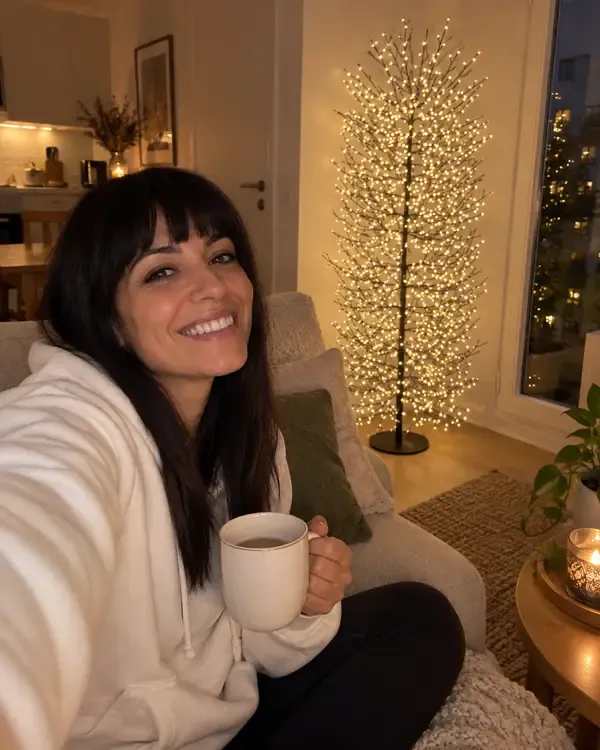 Martina sul divano del suo bilocale con l'albero luminoso acceso nell'angolo