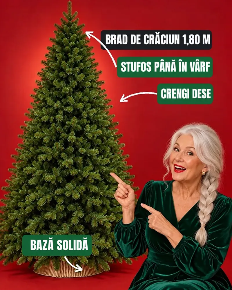 Brad de Crăciun artificial 1,80 m cu crengi dese până în vârf și bază solidă