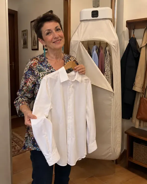 Giovanna prende una camicia asciutta dalla sacca