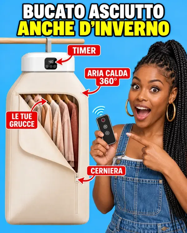 Asciugatrice a sacca per case piccole: timer, aria calda, cerniera, grucce normali