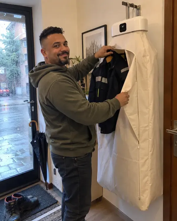 Karim appende la divisa bagnata nella sacca, fuori piove