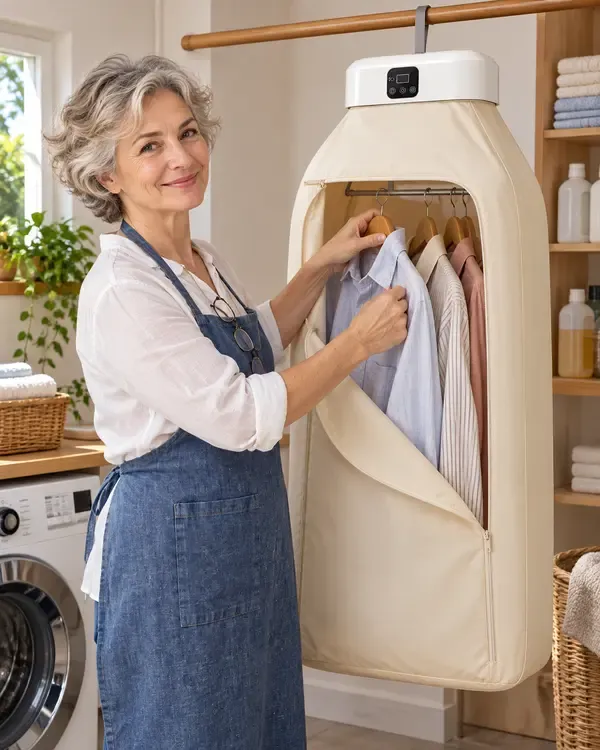 Esperta di economia domestica appende camicie nella sacca dell'asciugatrice