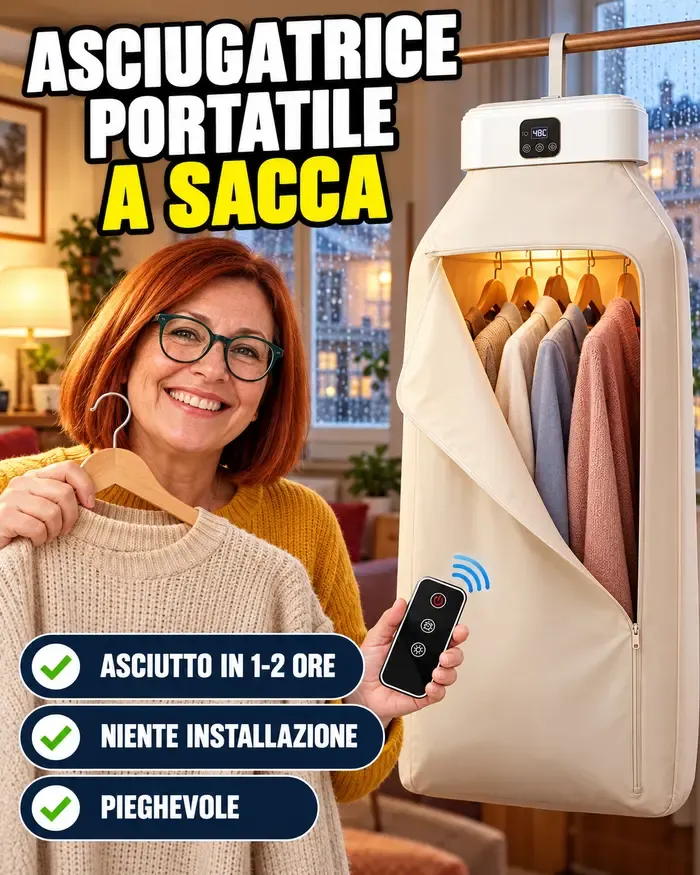 Asciugatrice portatile a sacca appesa in casa, aperta con camicie e maglioni asciutti sulle grucce