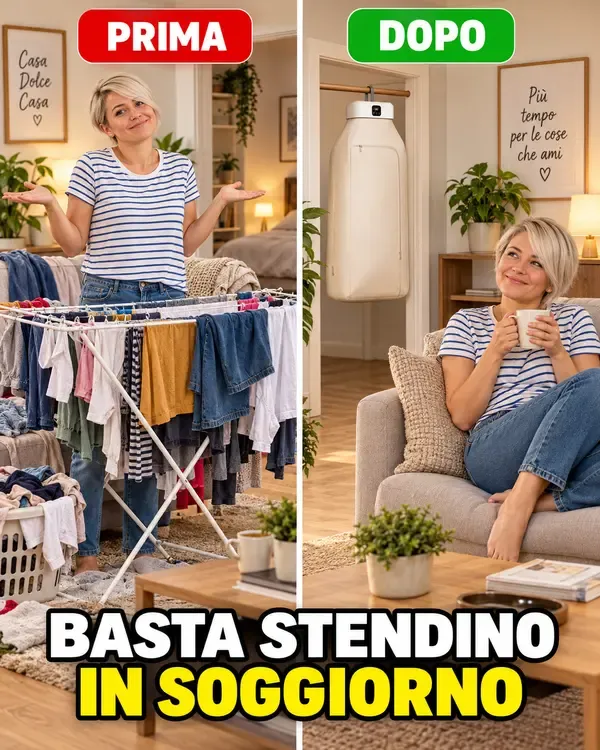 Prima: stendino pieno in soggiorno. Dopo: soggiorno libero, l'asciugatrice a sacca appesa in camera