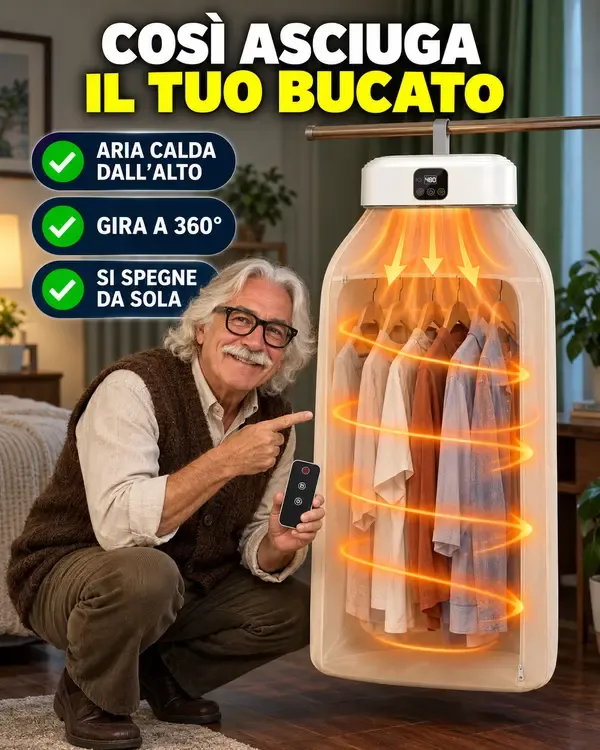 Aria calda che scende dall'unità e gira intorno ai vestiti nella sacca chiusa