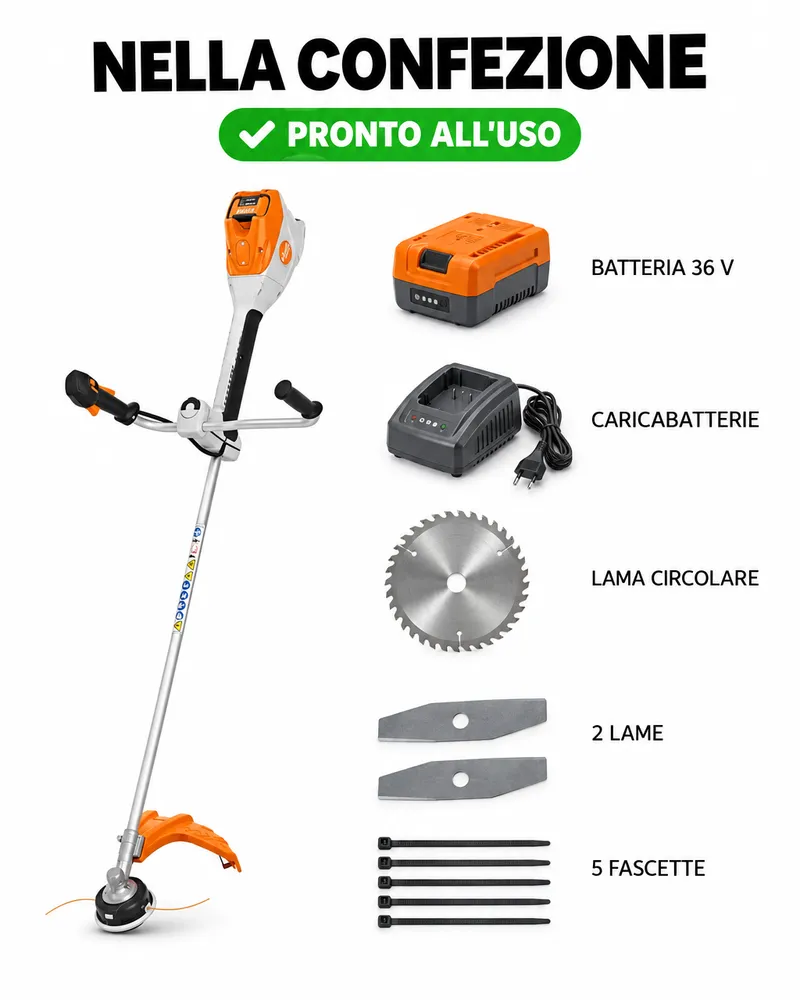 Nella confezione: decespugliatore FSA 200, batteria 36 V, caricabatterie, lame e fascette