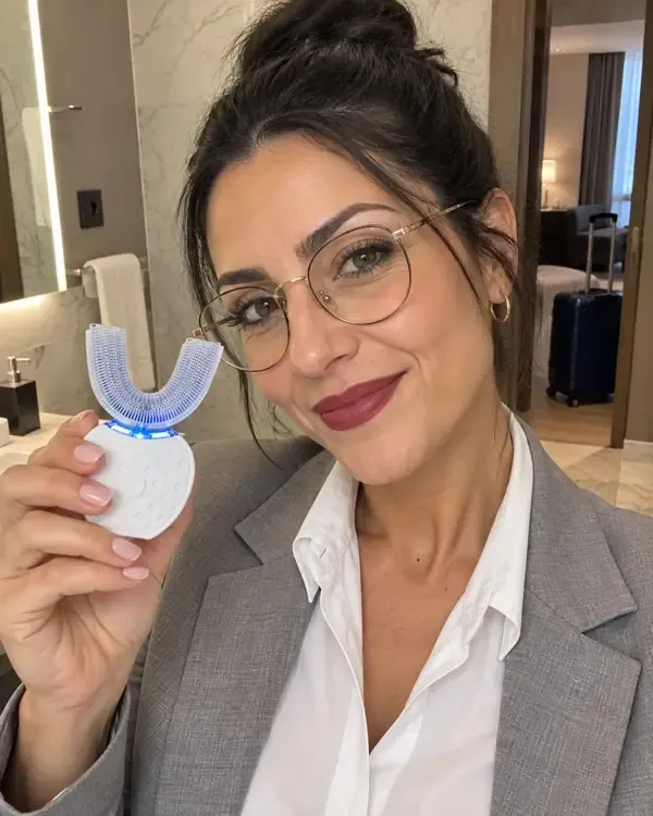 Sara in viaggio di lavoro, in un bagno d'albergo, con lo spazzolino a U in mano e la valigia accanto