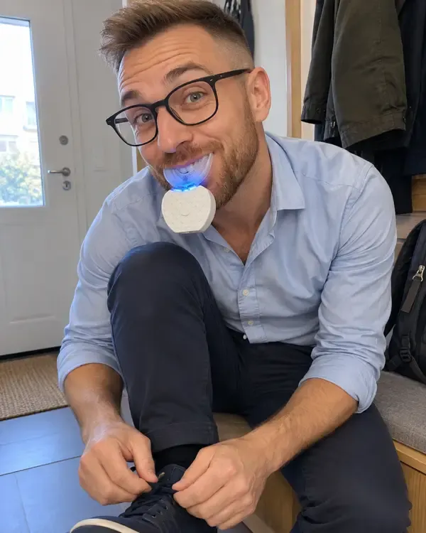 Marco la mattina presto, già vestito, con lo spazzolino a U in bocca mentre si allaccia le scarpe