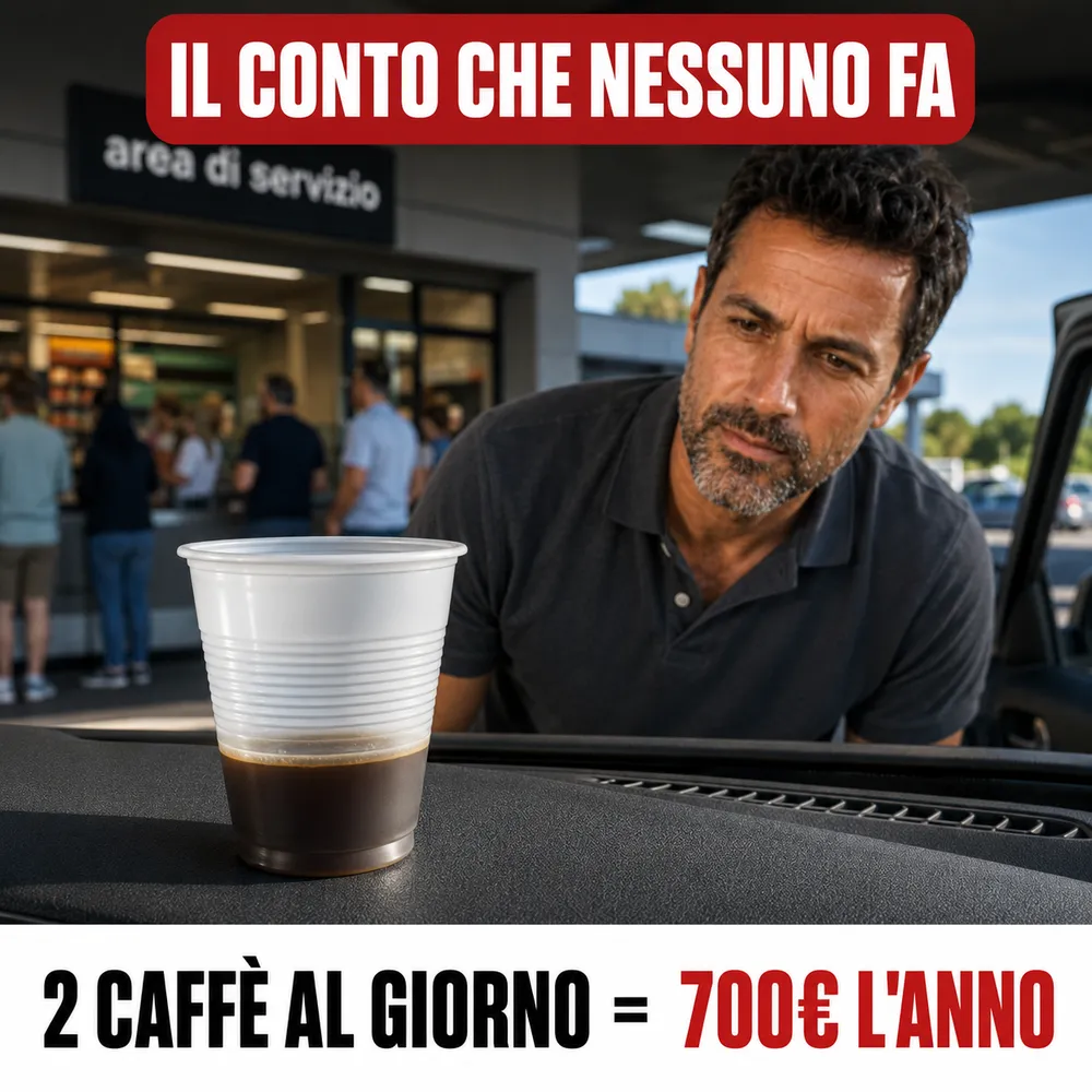 Bicchierino di plastica dell'area di servizio sul cruscotto: due caffè al giorno sono 700 euro l'anno