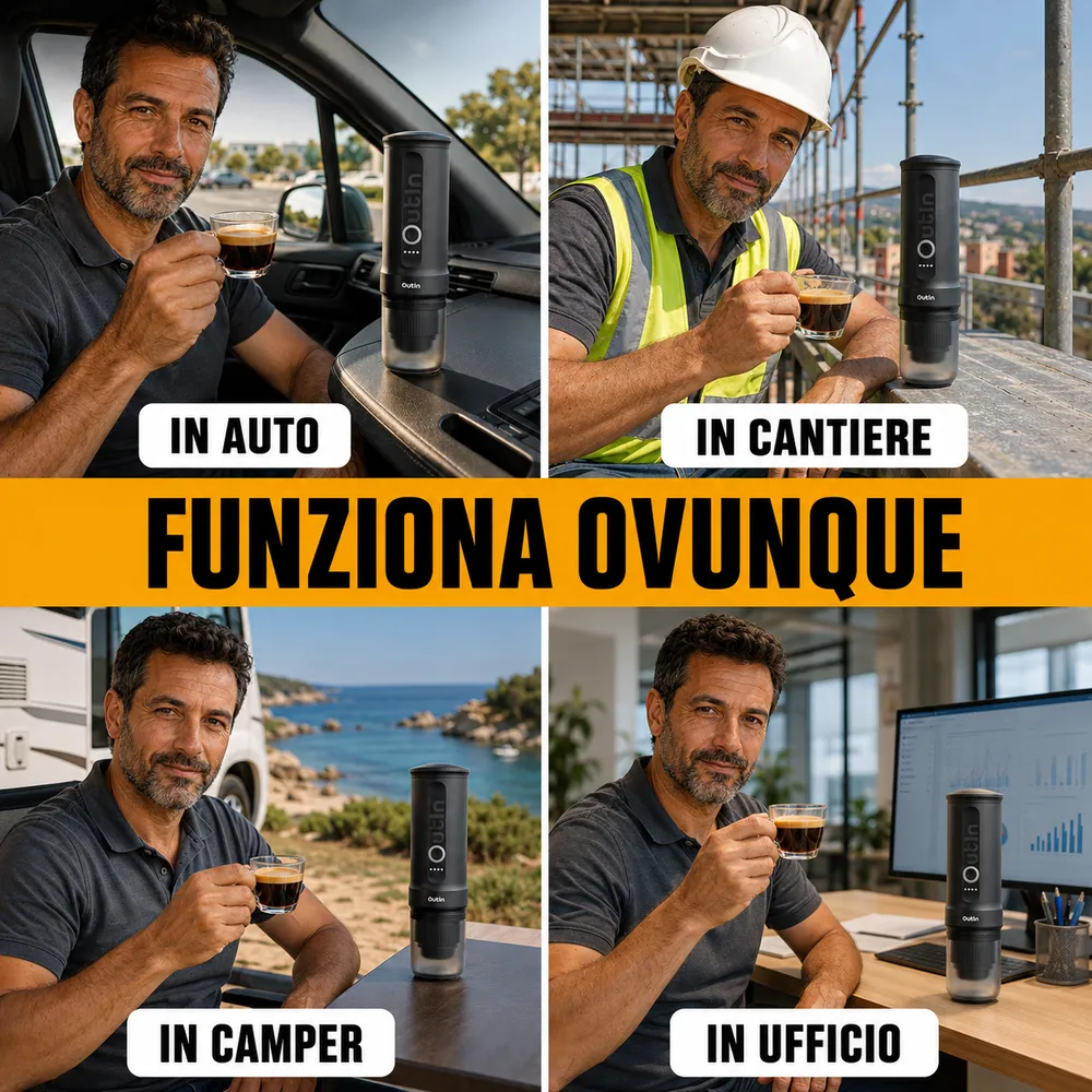 La macchina espresso portatile in uso in auto, in cantiere, in camper e in ufficio