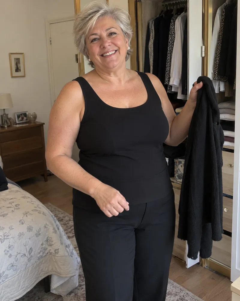 Giovanna davanti all'armadio con Fresco Push Up nero, pronta per la cena