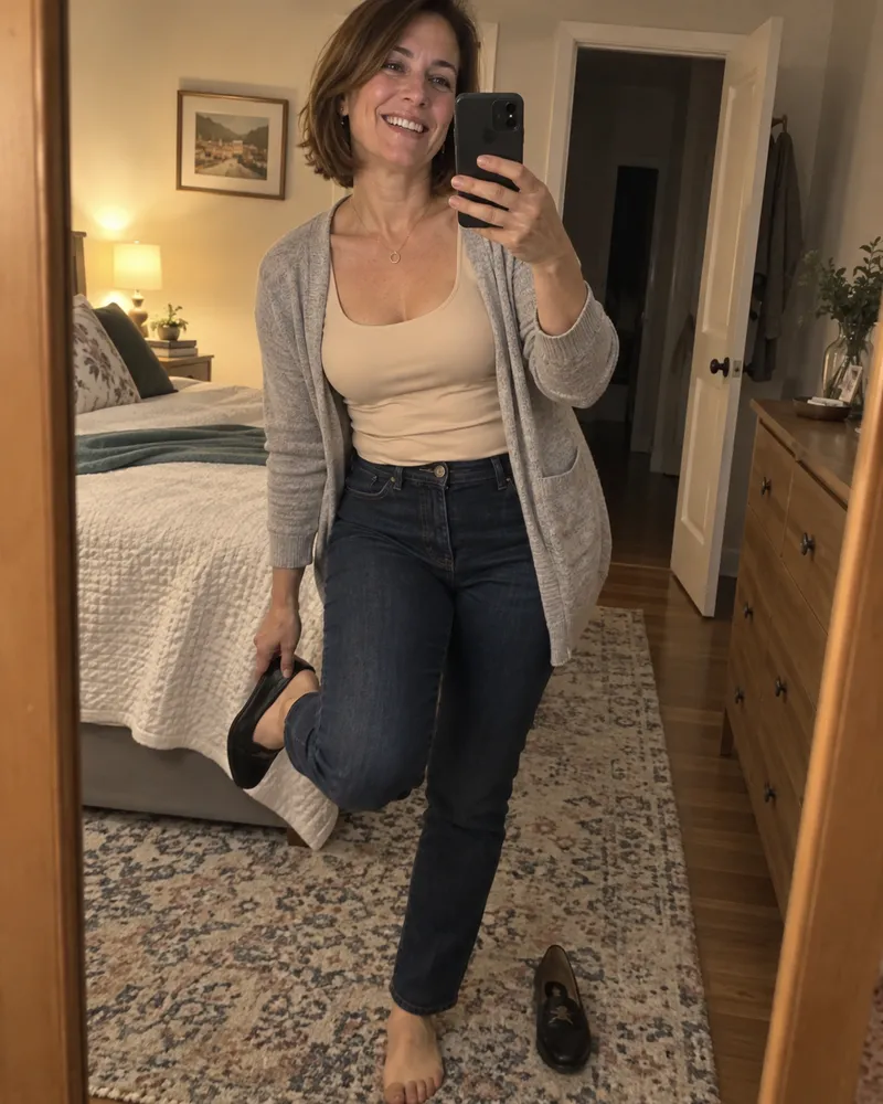 Sonia a casa dopo il turno, selfie allo specchio con Fresco Push Up beige