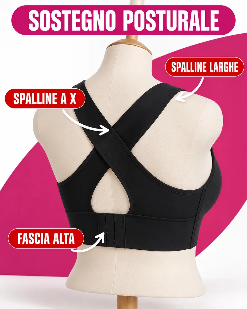 Fresco Push Up nero su manichino, di spalle: spalline larghe incrociate a X e fascia alta