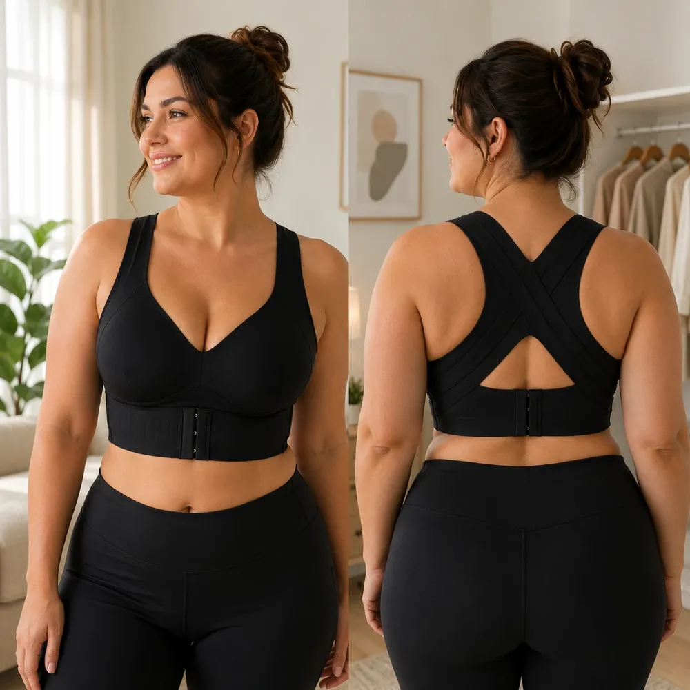 Donna formosa con Fresco Push Up nero, davanti e dietro: forma push up senza ferretto, chiusura a gancetti