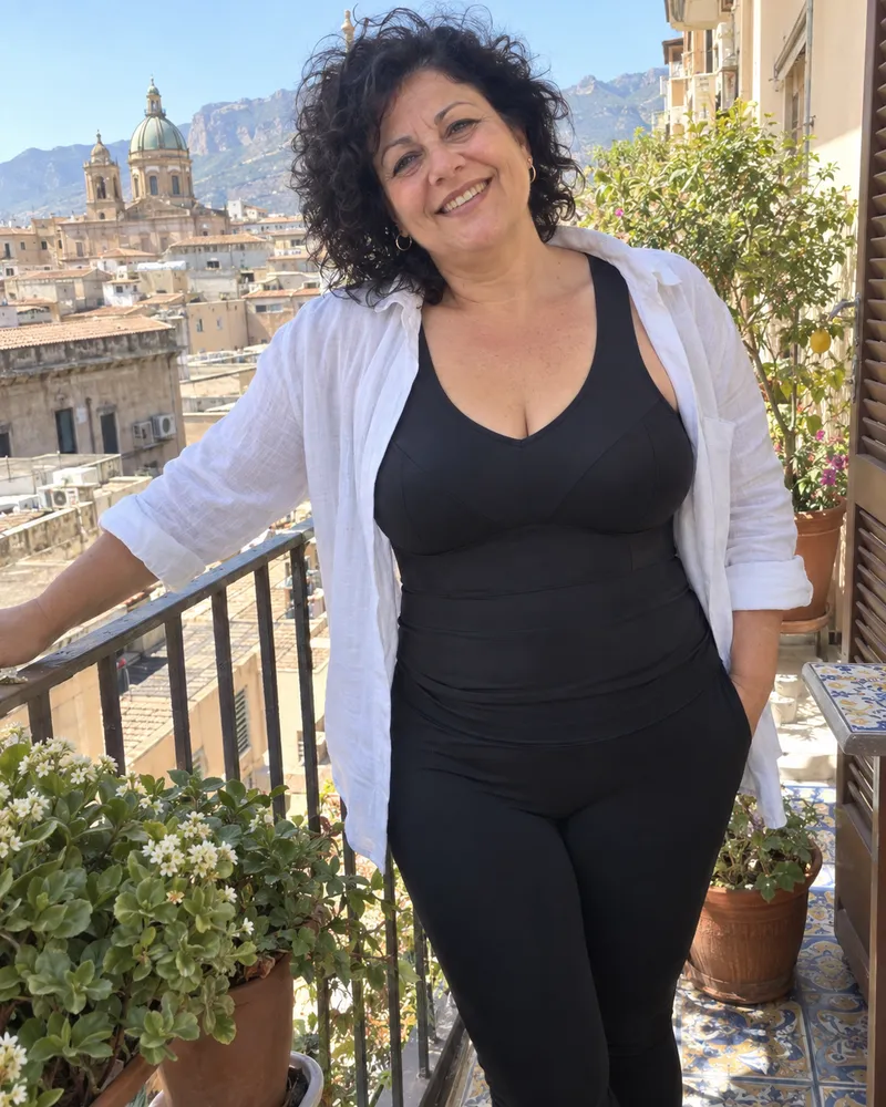 Rosaria sul balcone a Palermo con Fresco Push Up nero e camicia di lino aperta