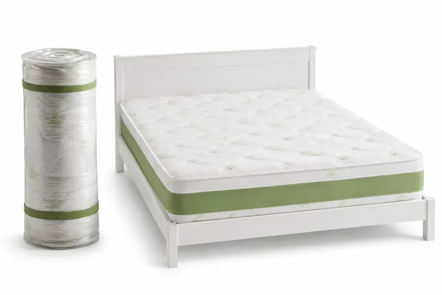 Materasso Memory Aloe Vera: arrotolato sottovuoto e disteso sul letto