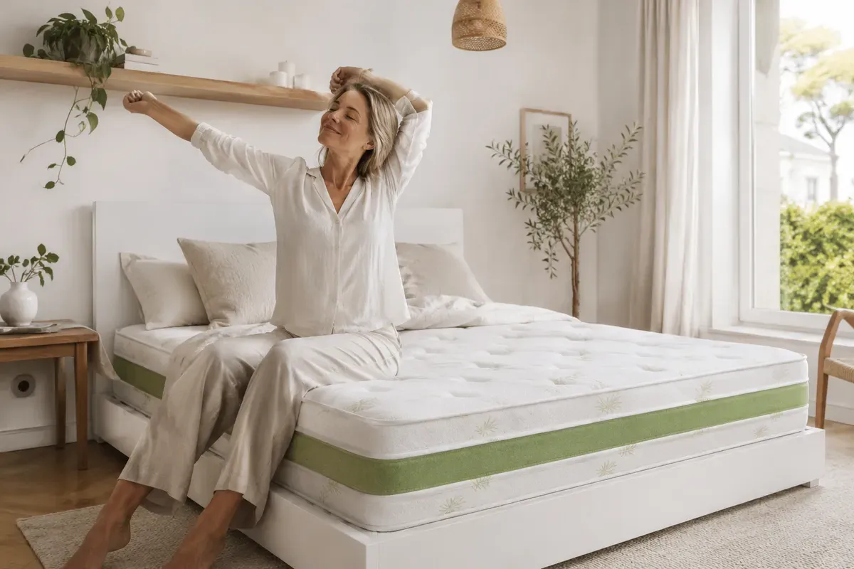 Donna che si sveglia riposata sul materasso matrimoniale Memory Aloe Vera