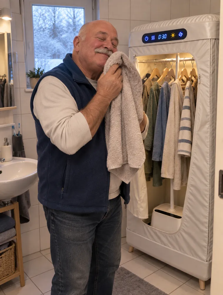 Klaus riecht zufrieden an einem frisch getrockneten Handtuch neben dem Trockner