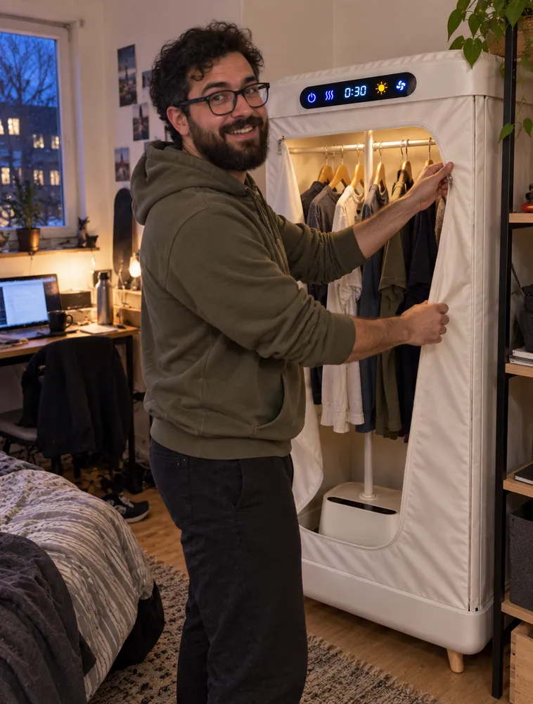 Jonas öffnet in seiner kleinen Wohnung den Trockner in der Ecke neben dem Schreibtisch