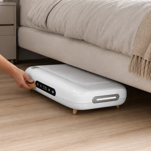 Zusammengeklappter Trockner wird flach unter das Bett geschoben