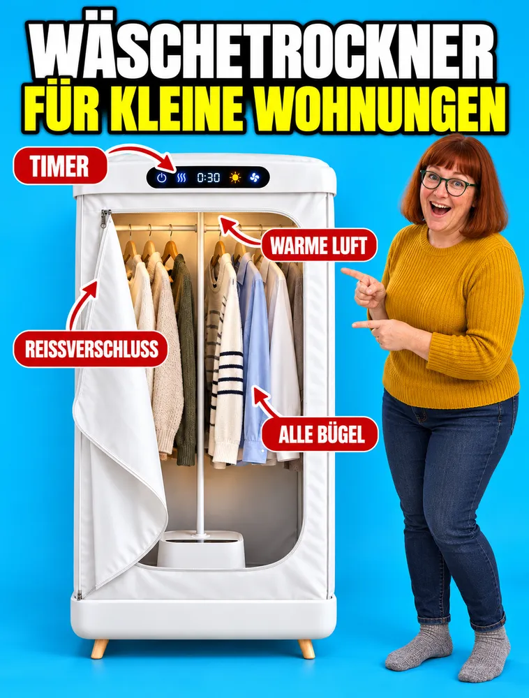 Trockner für kleine Wohnungen: Timer, warme Luft, Reißverschluss, passt für alle Bügel