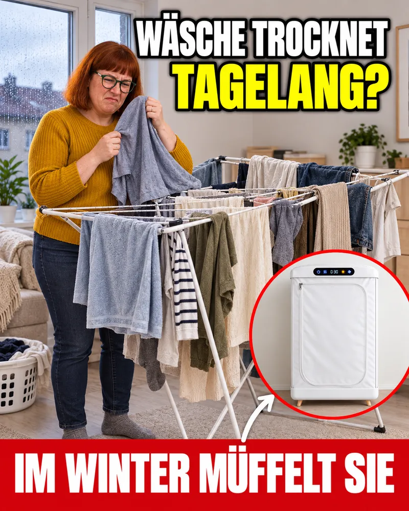 Voller Wäscheständer mitten in einem kleinen Wohnzimmer, die Wäsche ist nach Tagen noch feucht