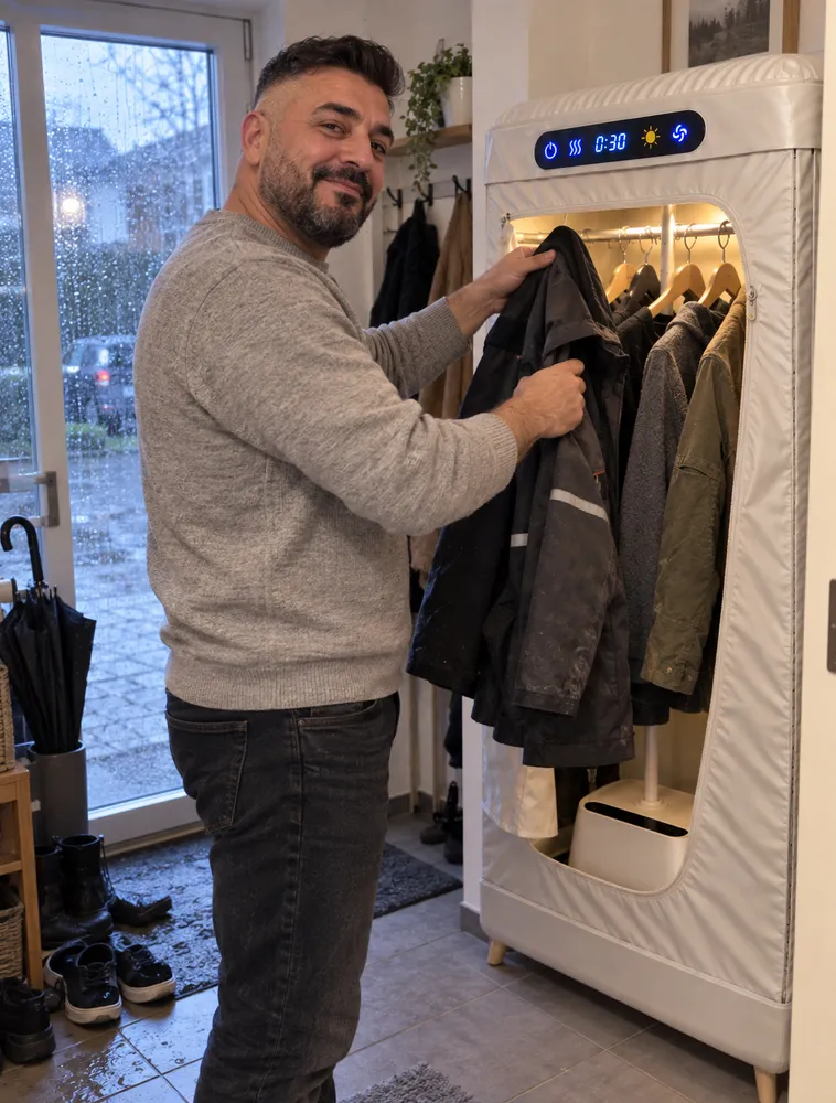 Mehmet hängt im Flur seine nasse Arbeitsjacke in den Trockner, draußen regnet es