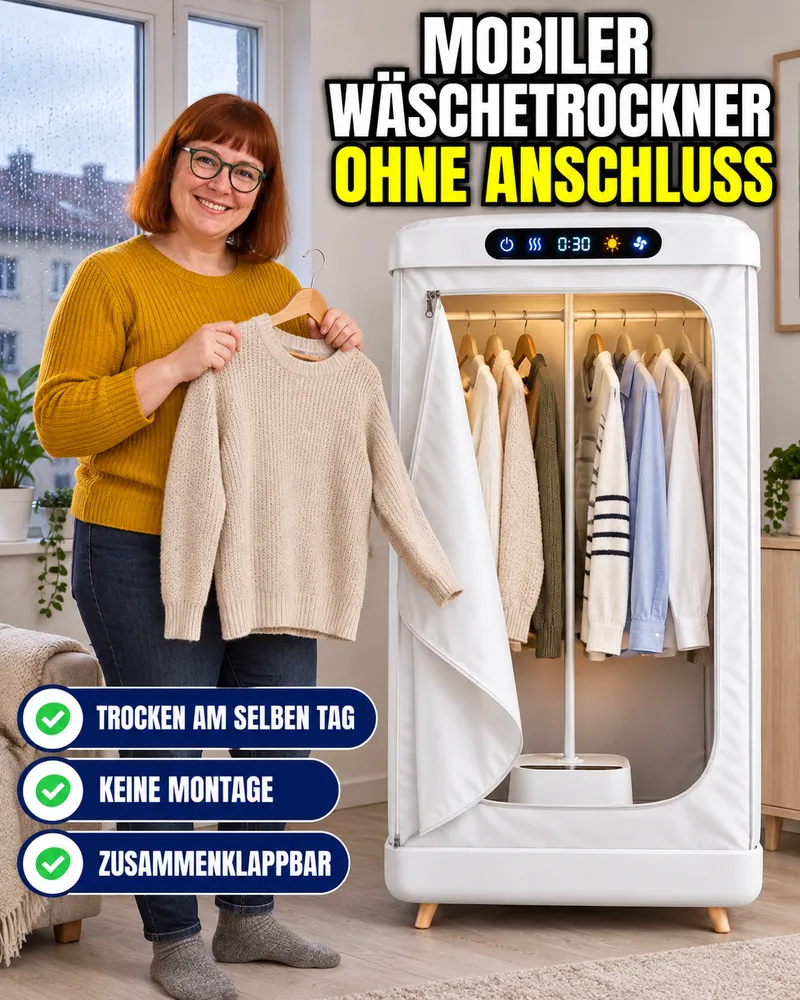 Mobiler Wäschetrockner, geöffnet mit trockenen Pullis und Hemden, im Winter in einer kleinen Wohnung