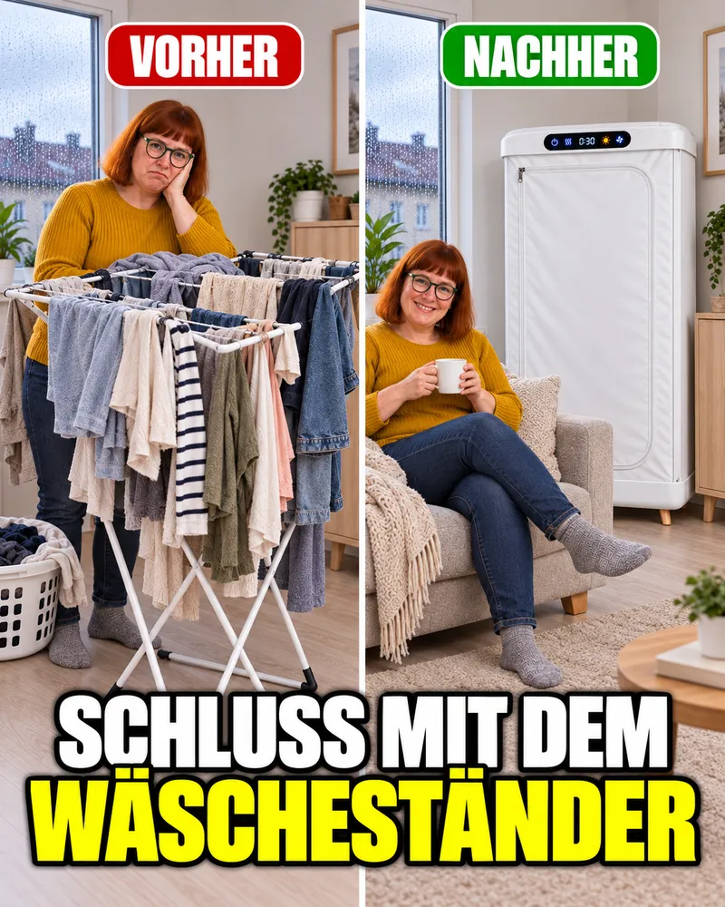 Vorher: voller Wäscheständer im Wohnzimmer. Nachher: freies Wohnzimmer, der Trockner steht in der Ecke