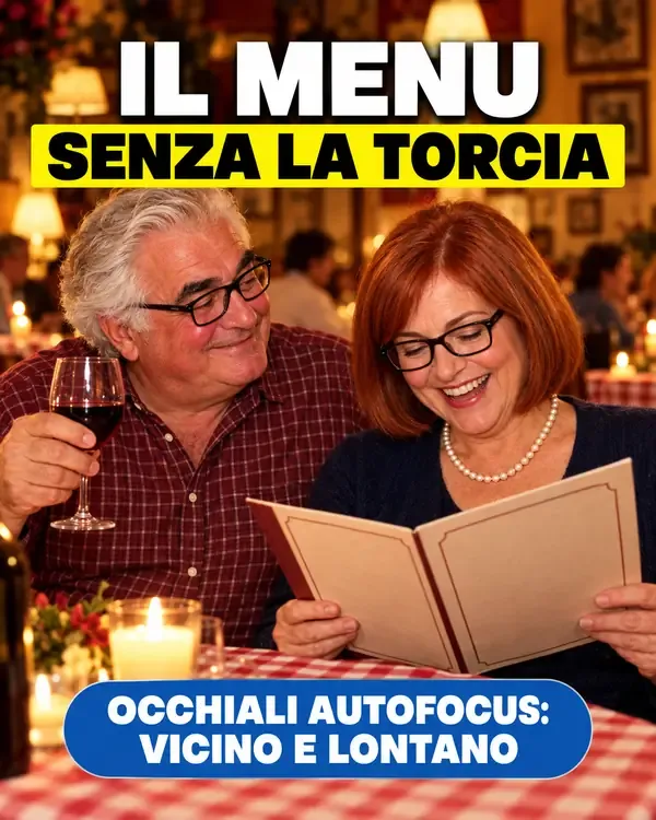 Coppia al ristorante che legge il menu con gli occhiali autofocus VistaFlex