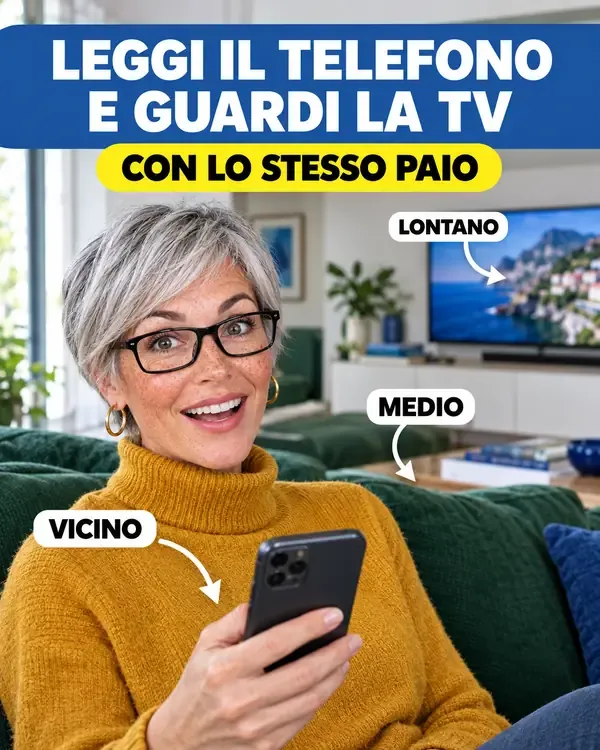 Donna sul divano che legge il telefono e guarda la TV con gli stessi occhiali VistaFlex