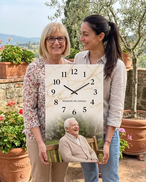 Due sorelle con l'orologio con la foto del papà