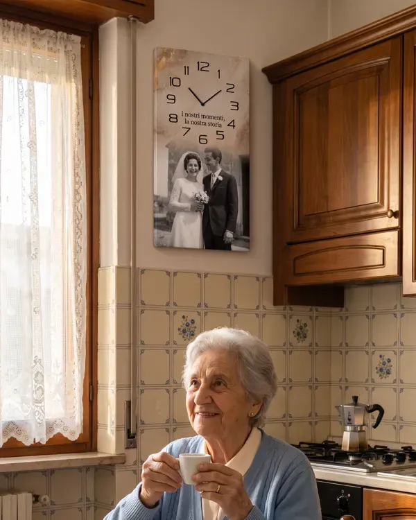 Nonna che guarda l'orologio in cucina mentre beve il caffè