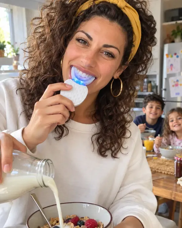 Chiara in cucina la mattina, con i bambini sullo sfondo, che ride con lo spazzolino a U in bocca